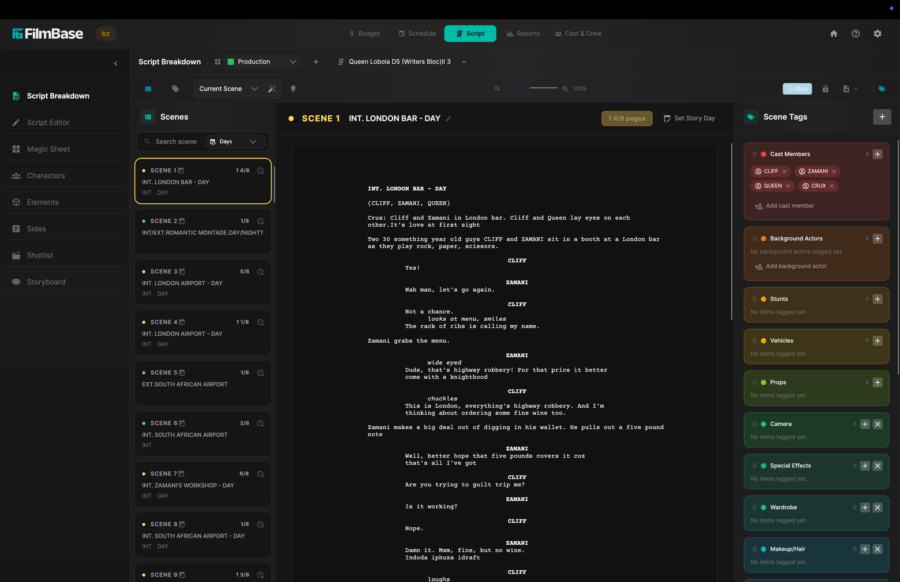 A script breakdown view in FilmBase showing tagged elements